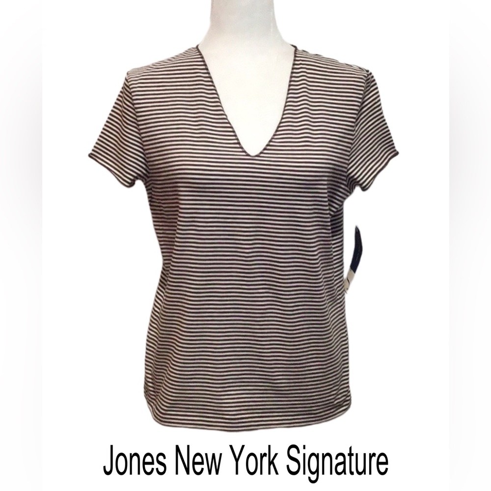 NWT Jones New York Signature Ladera, Brown/cream‎ Stripe T Shirt, Size Large